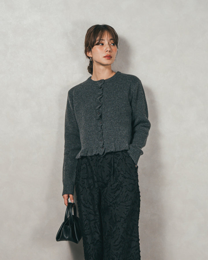 ［SET］フロントフリルメランジニットカーデ+フリンジジャガードリラックスパンツ（2SET）