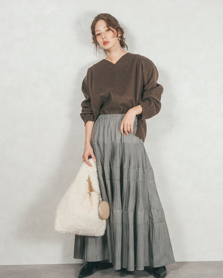 ［SET］Smoothニットソー Vネックプルオーバー+プリーツティアードLongスカート