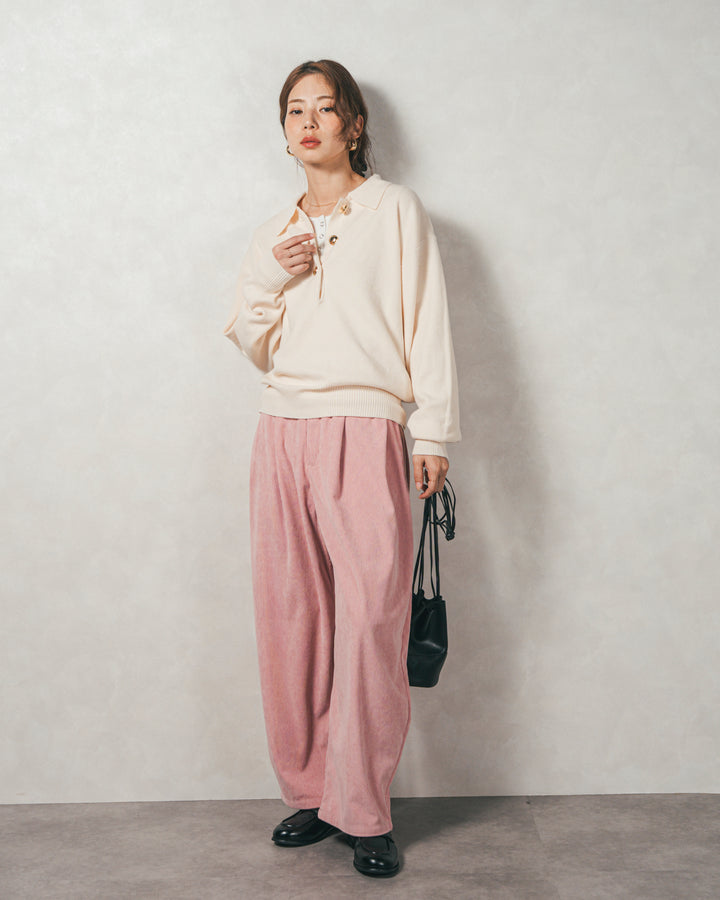 ［SET］ボタンデザインポロニット+サイドタックコクーンコーデュロイパンツ（2SET）