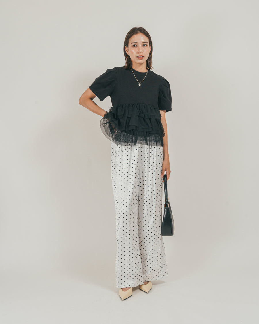［SET］チュールフリル ペプラムTシャツ + ドットサテンパンツ（2SET）
