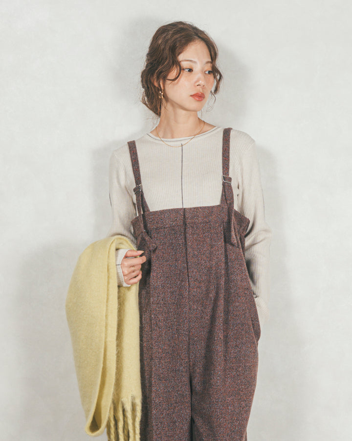 ［SET］Line Rib クルーネックニット+Tweedベロアサロペット（2SET）