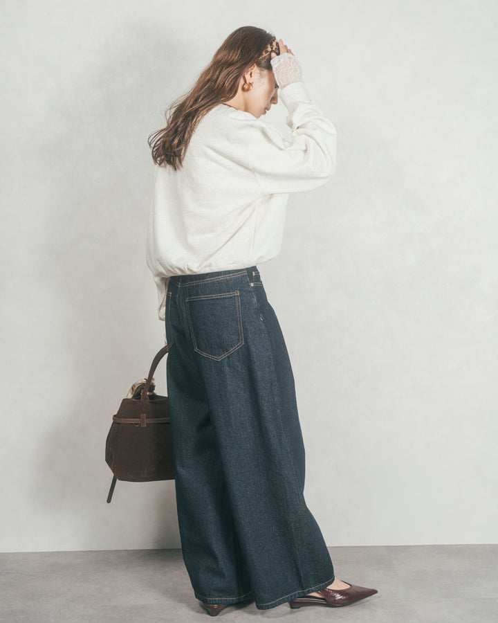 ［SET］フロントシリコンLogoスウェット+ワイドTuckイージーデニム