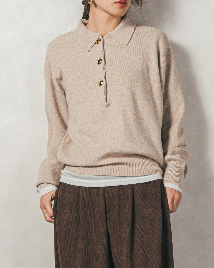 ［SET］ボタンデザインポロニット+サイドタックコクーンコーデュロイパンツ（2SET）