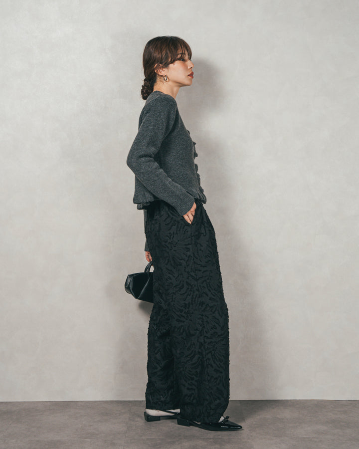 ［SET］フロントフリルメランジニットカーデ+フリンジジャガードリラックスパンツ（2SET）