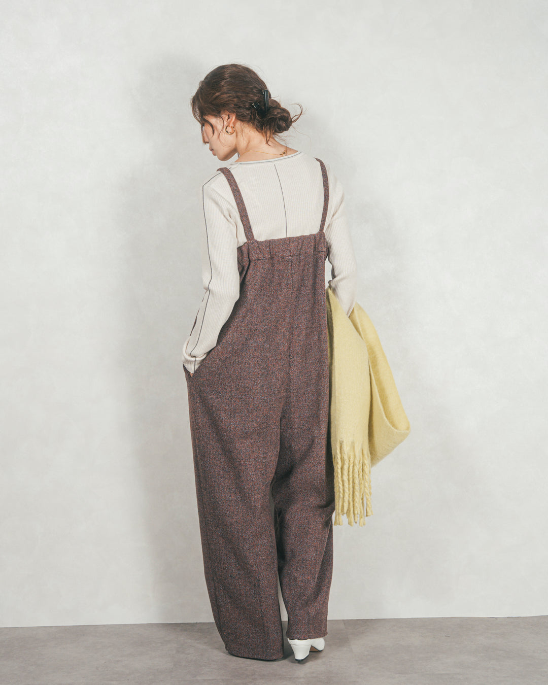 ［SET］Line Rib クルーネックニット+Tweedベロアサロペット（2SET）