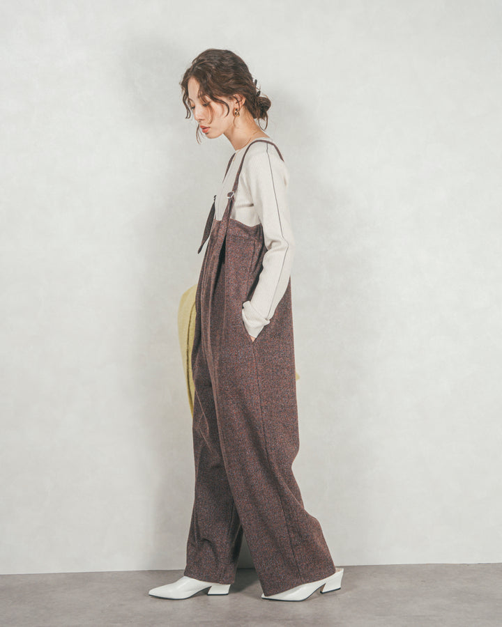 ［SET］Line Rib クルーネックニット+Tweedベロアサロペット（2SET）