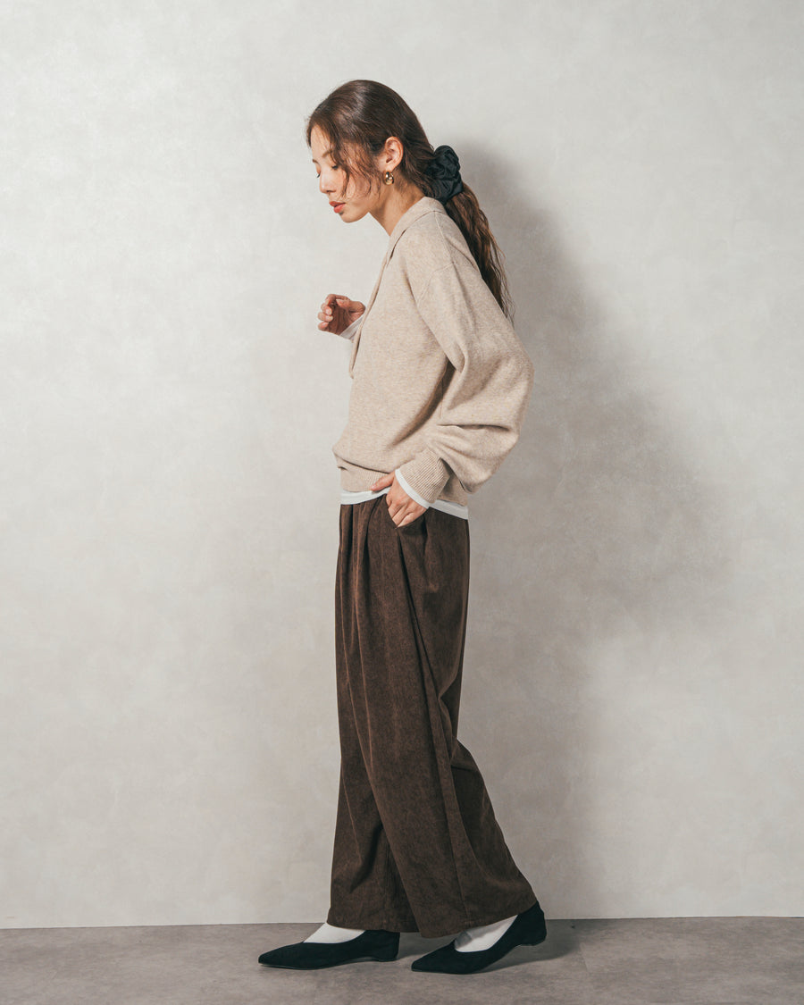 ［SET］ボタンデザインポロニット+サイドタックコクーンコーデュロイパンツ（2SET）