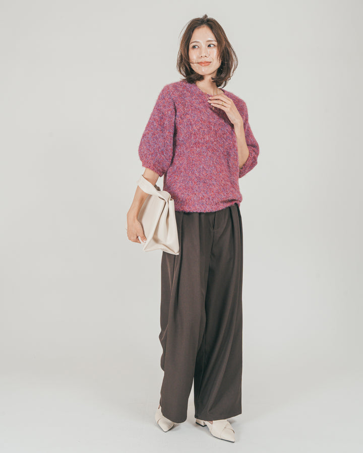 ［SET］フェザータッチハーフスリーブニット + ダブルタック ハイウエストワイドパンツ（2SET）