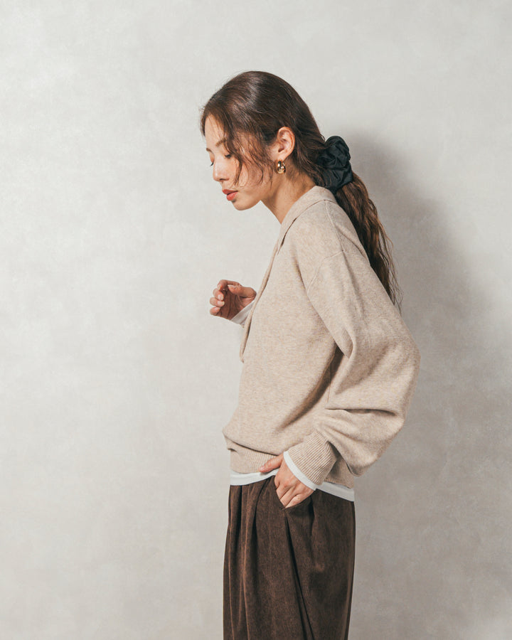 ［SET］ボタンデザインポロニット+サイドタックコクーンコーデュロイパンツ（2SET）