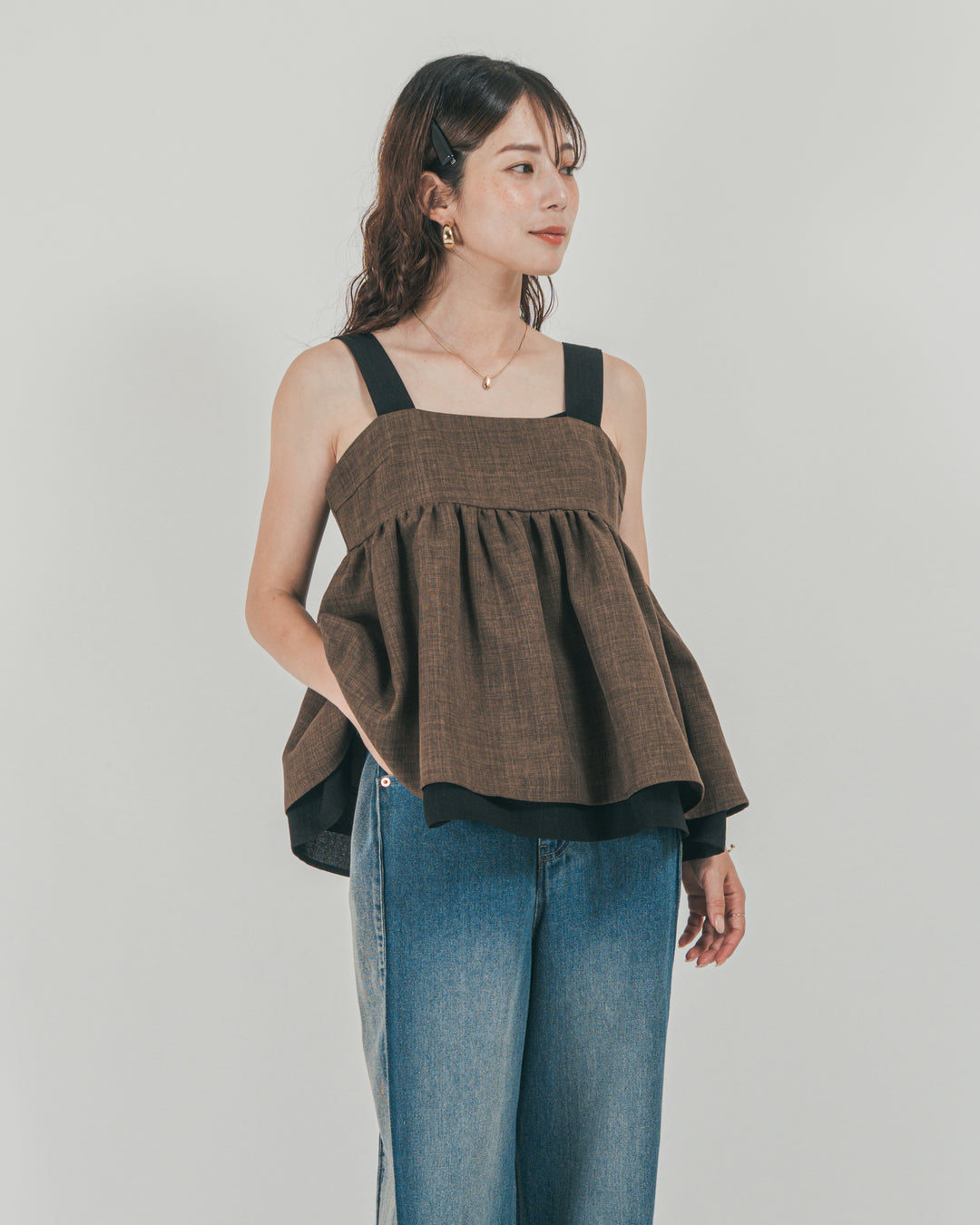 ［SET］スラブTweedバイカラーティアードキャミ + 10oz サイドタック リラックスデニムパンツ（2SET）