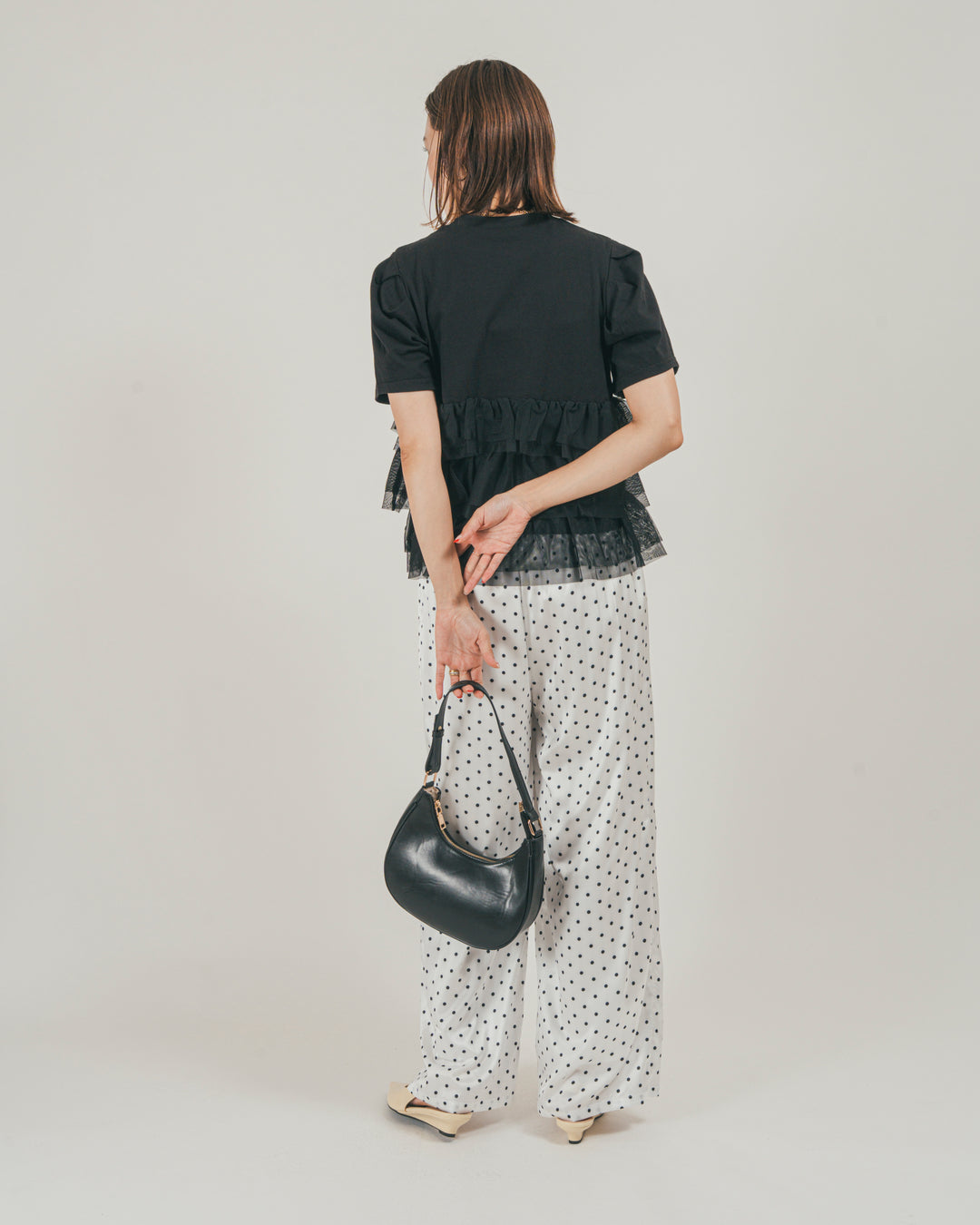 ［SET］チュールフリル ペプラムTシャツ + ドットサテンパンツ（2SET）
