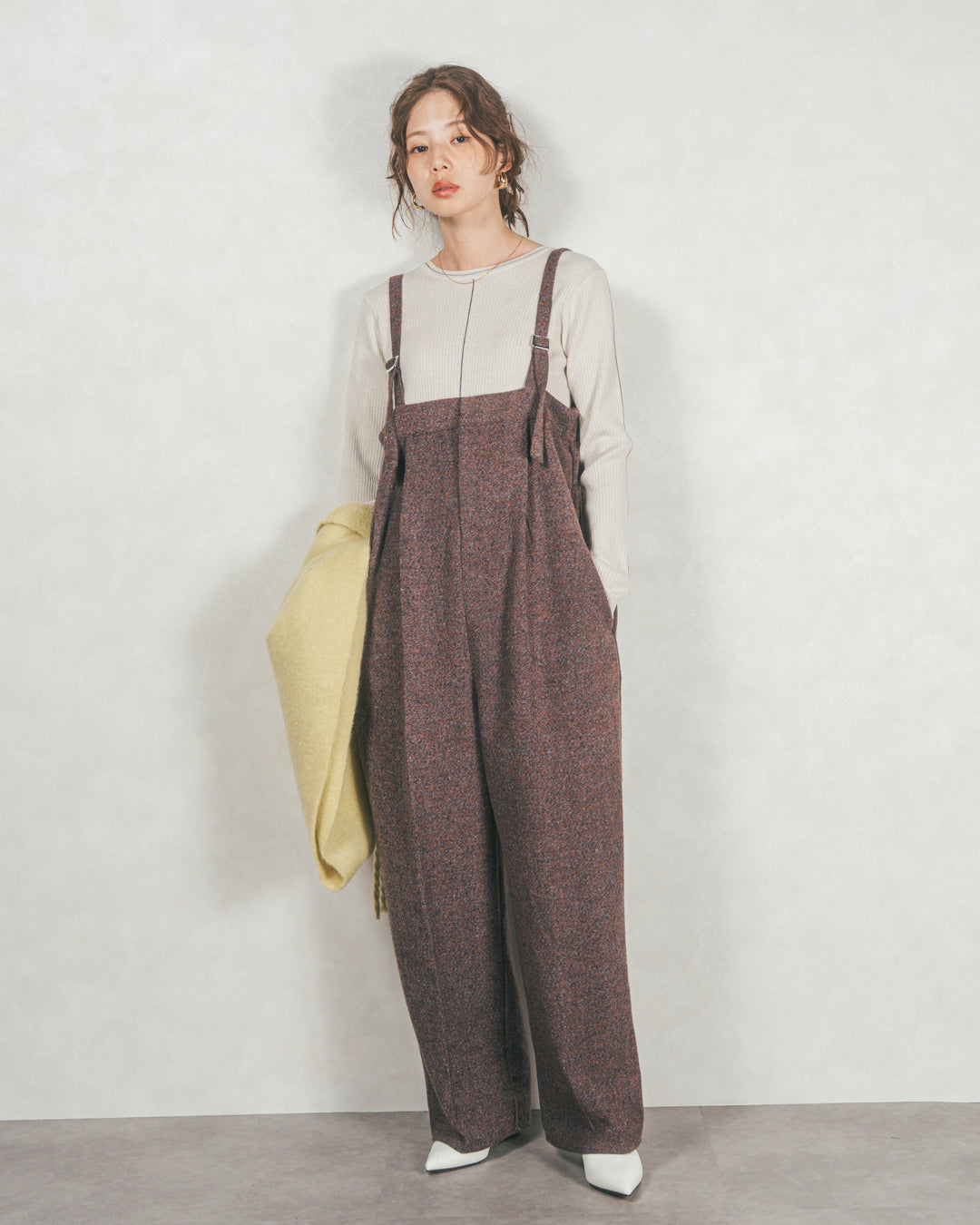 ［SET］Line Rib クルーネックニット+Tweedベロアサロペット（2SET）