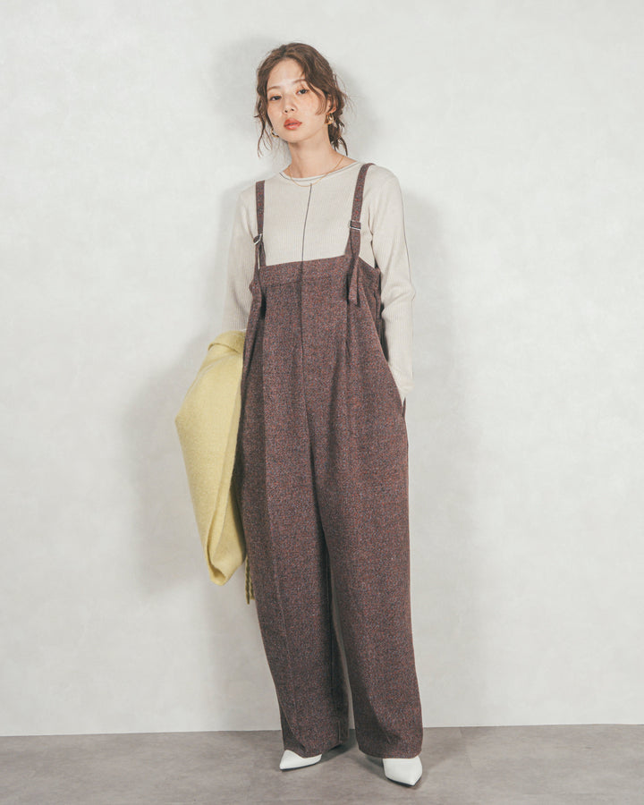 ［SET］Line Rib クルーネックニット+Tweedベロアサロペット（2SET）