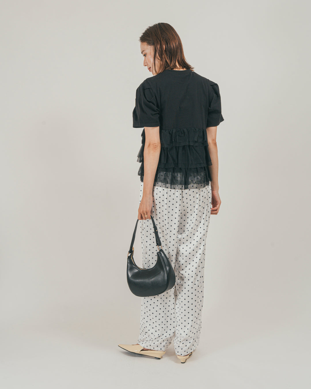 ［SET］チュールフリル ペプラムTシャツ + ドットサテンパンツ（2SET）