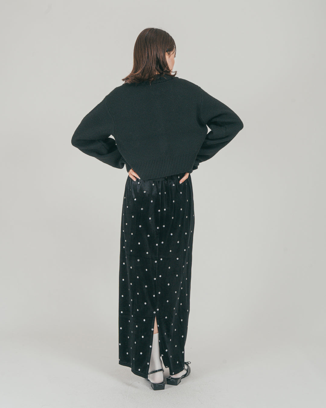 ［SET］Cloudyメランジ襟付きカーディガン + Cloudyメランジクロップドベスト + Dot ベロアスカート（3SET）