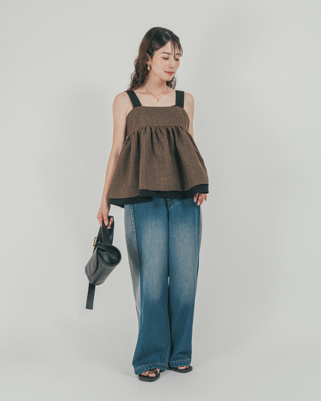 ［SET］スラブTweedバイカラーティアードキャミ + 10oz サイドタック リラックスデニムパンツ（2SET）