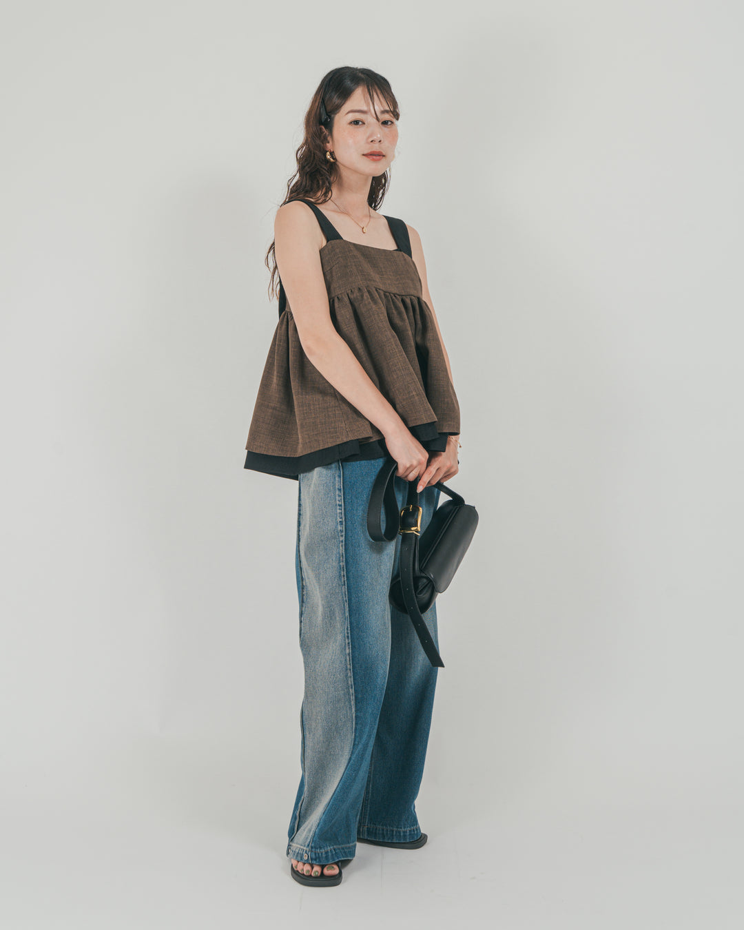 ［SET］スラブTweedバイカラーティアードキャミ + 10oz サイドタック リラックスデニムパンツ（2SET）