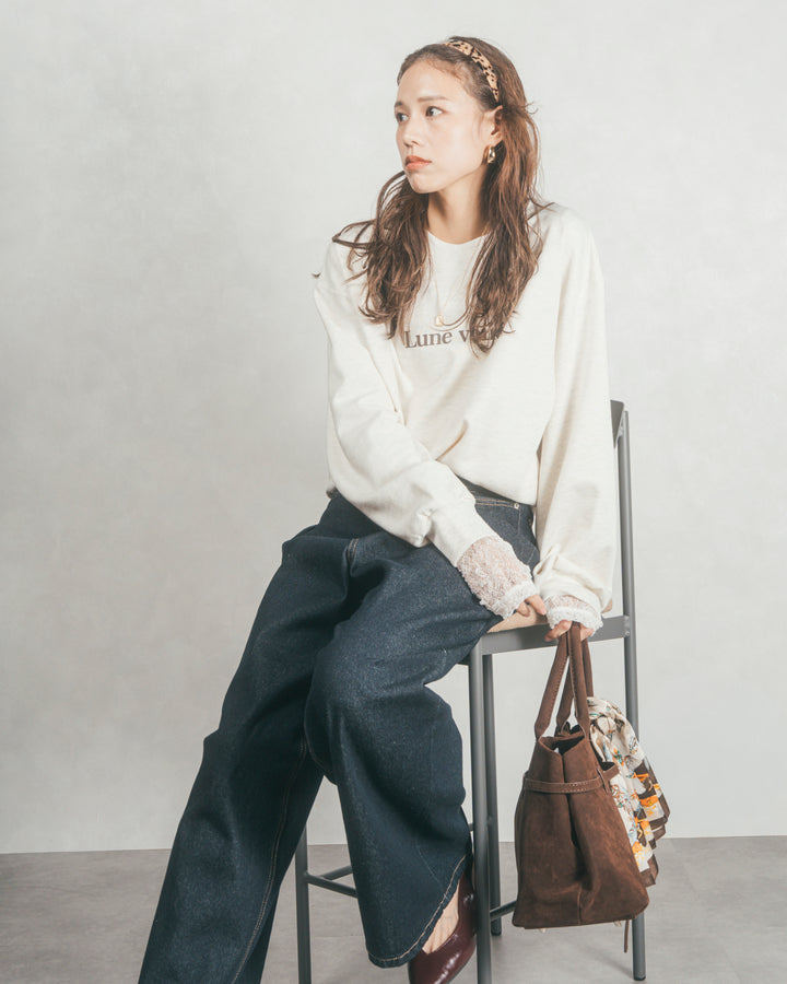 ［SET］フロントシリコンLogoスウェット+ワイドTuckイージーデニム