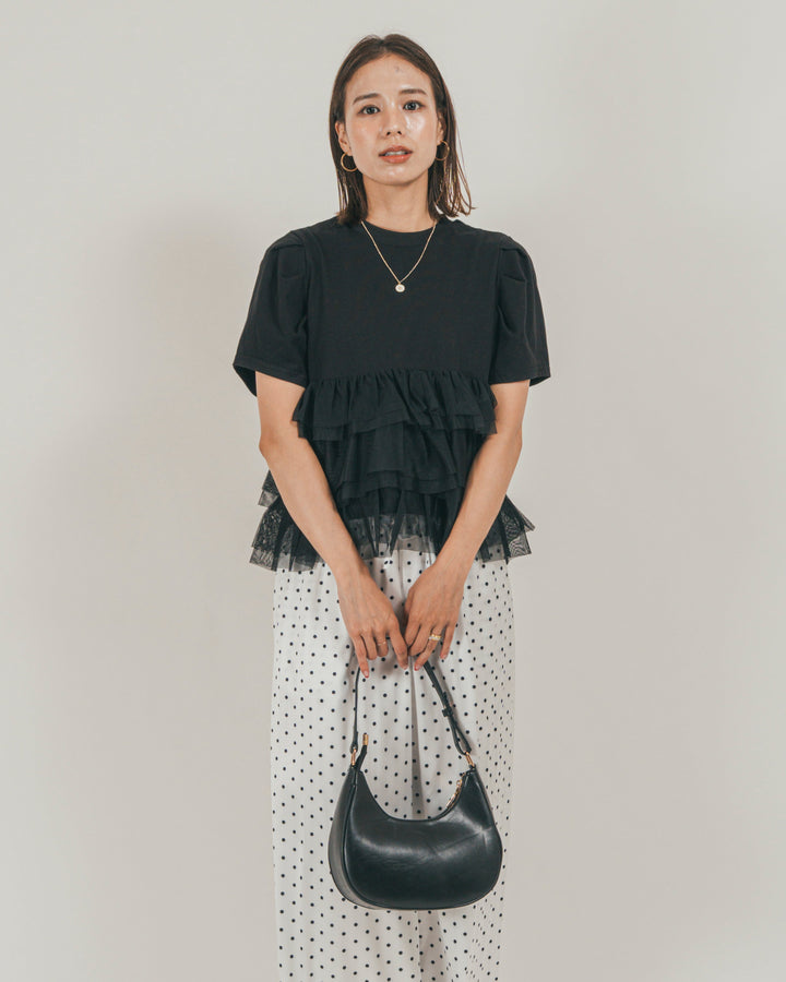 ［SET］チュールフリル ペプラムTシャツ + ドットサテンパンツ（2SET）