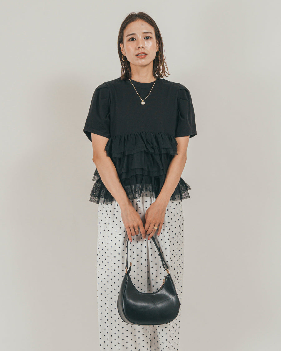 ［SET］チュールフリル ペプラムTシャツ + ドットサテンパンツ（2SET）