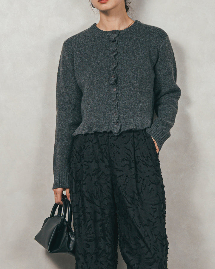 ［SET］フロントフリルメランジニットカーデ+フリンジジャガードリラックスパンツ（2SET）