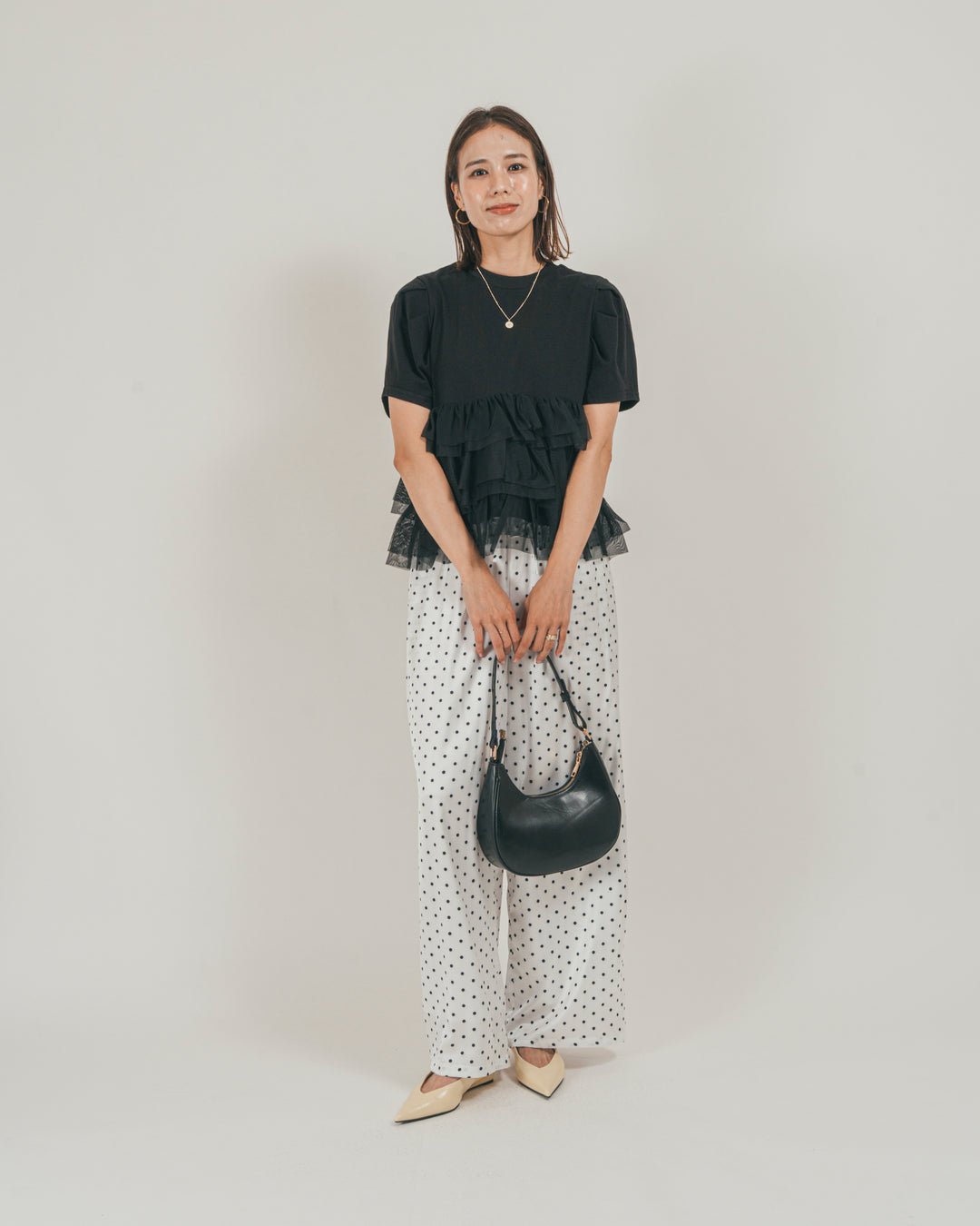 ［SET］チュールフリル ペプラムTシャツ + ドットサテンパンツ（2SET）