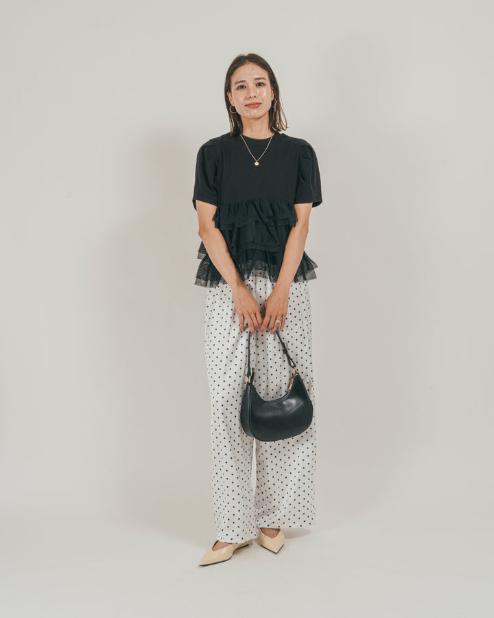 ［SET］チュールフリル ペプラムTシャツ + ドットサテンパンツ（2SET）