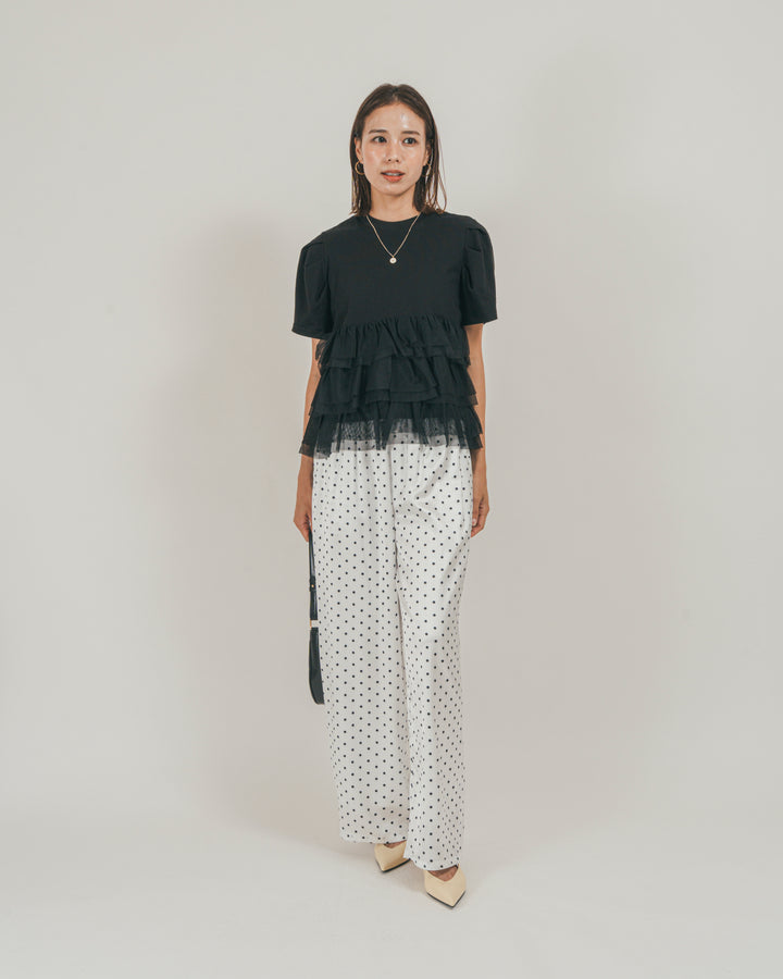 ［SET］チュールフリル ペプラムTシャツ + ドットサテンパンツ（2SET）