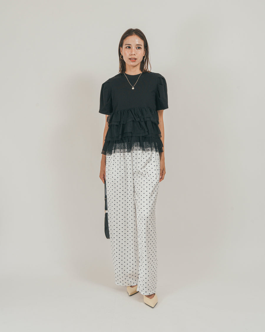 ［SET］チュールフリル ペプラムTシャツ + ドットサテンパンツ（2SET）