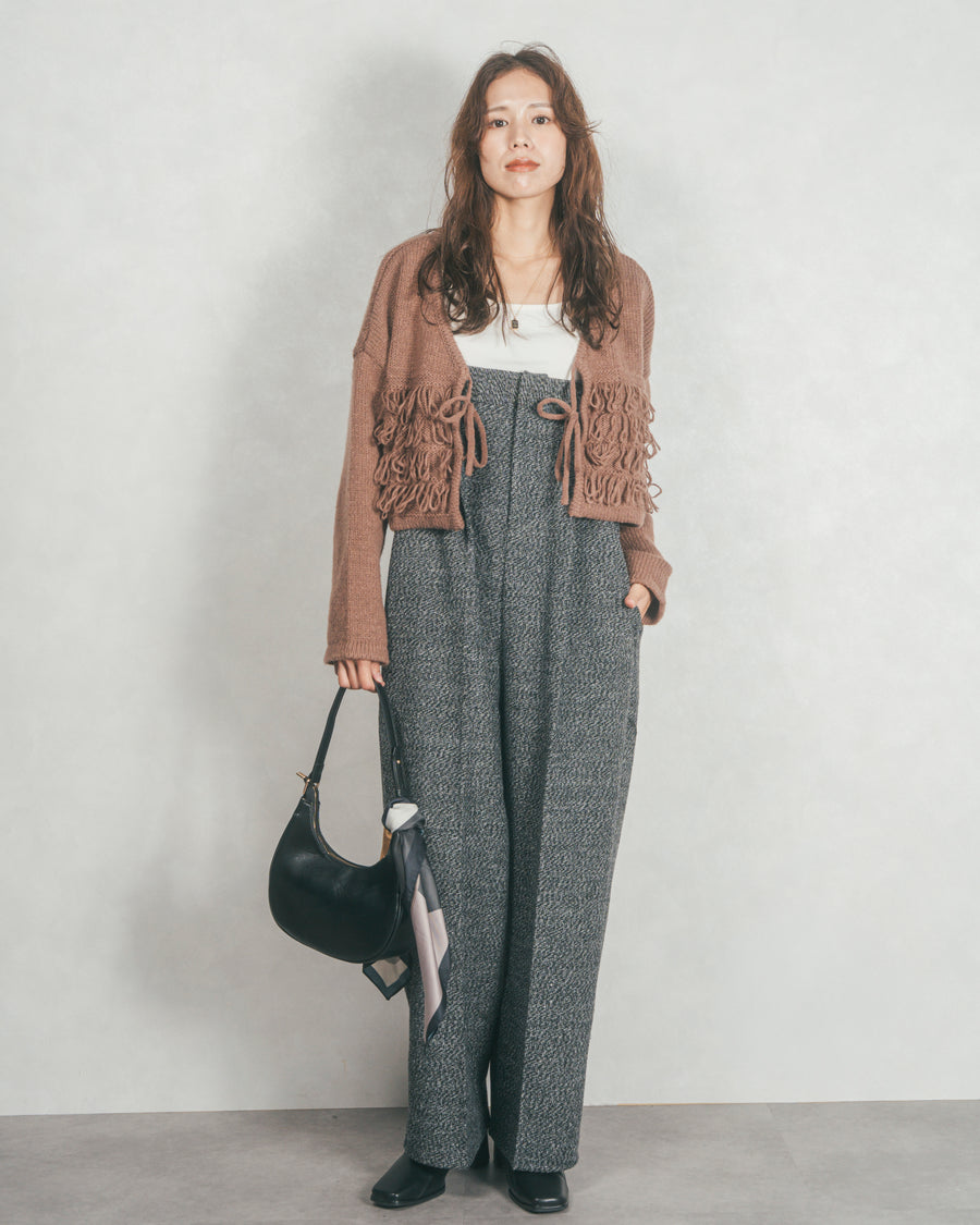 ［SET］ループ編みフリンジカーディガン+Tweedベロアサロペット（2SET）