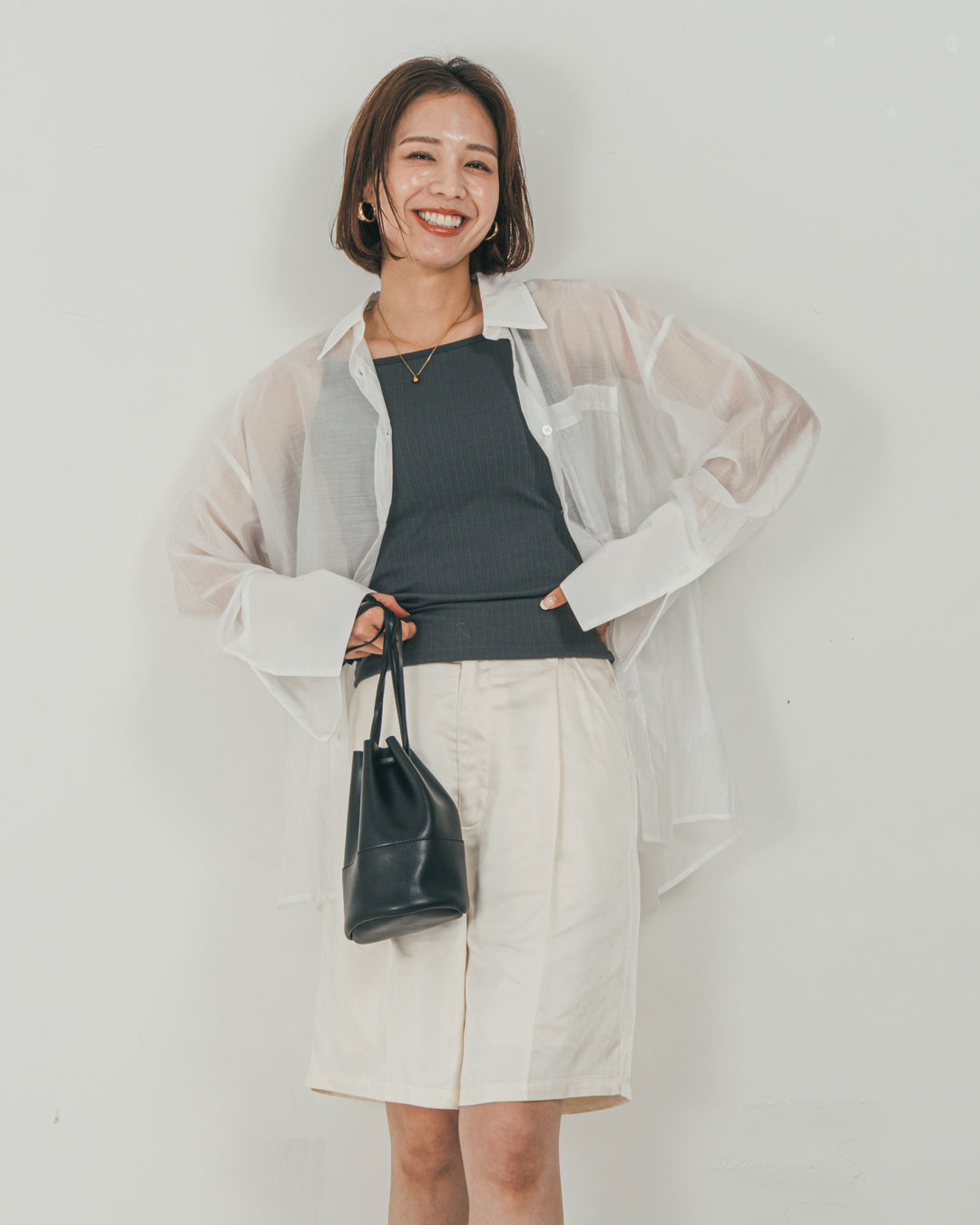 ［SET］Clear Sheer オーバーシャツ + Vintageサテン　ハーフパンツ（2SET）