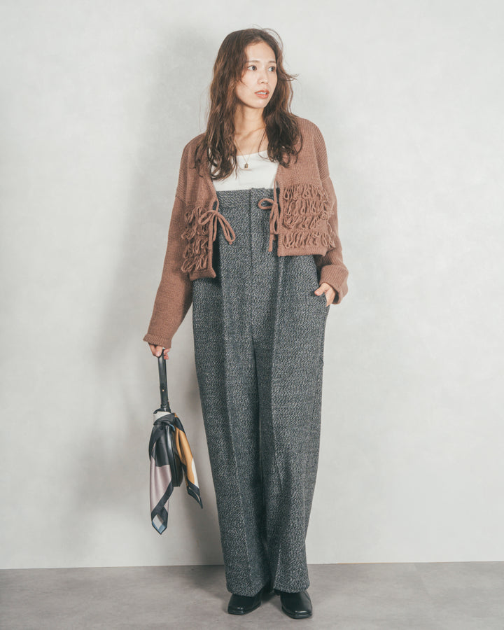 ［SET］ループ編みフリンジカーディガン+Tweedベロアサロペット（2SET）