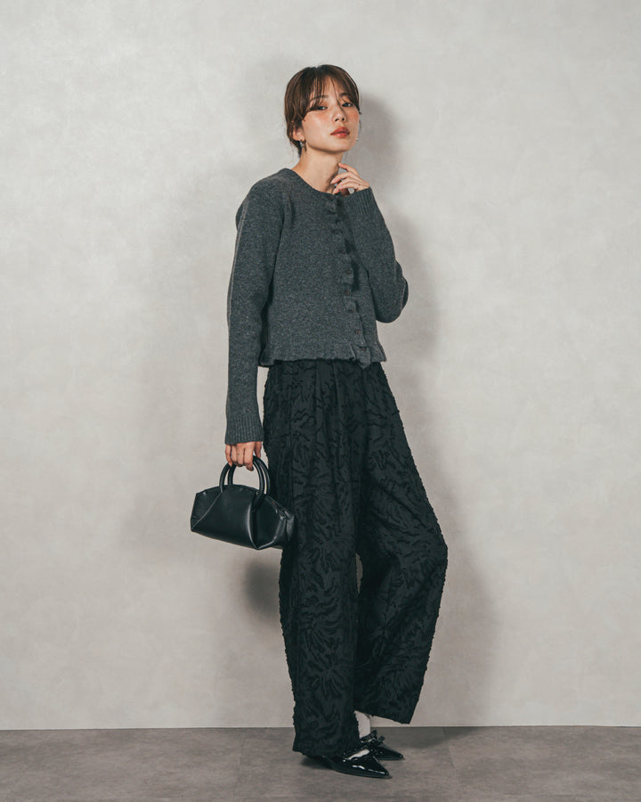 ［SET］フロントフリルメランジニットカーデ+フリンジジャガードリラックスパンツ（2SET）
