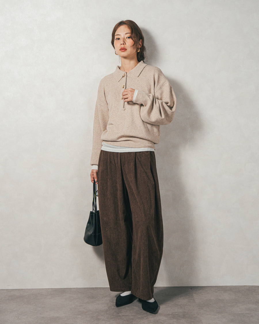 ［SET］ボタンデザインポロニット+サイドタックコクーンコーデュロイパンツ（2SET）