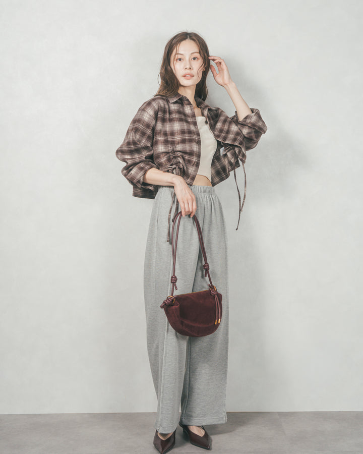 裾ドロストクロップドチェックシャツ (BROWN)