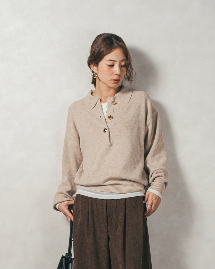 ［SET］ボタンデザインポロニット+サイドタックコクーンコーデュロイパンツ（2SET）