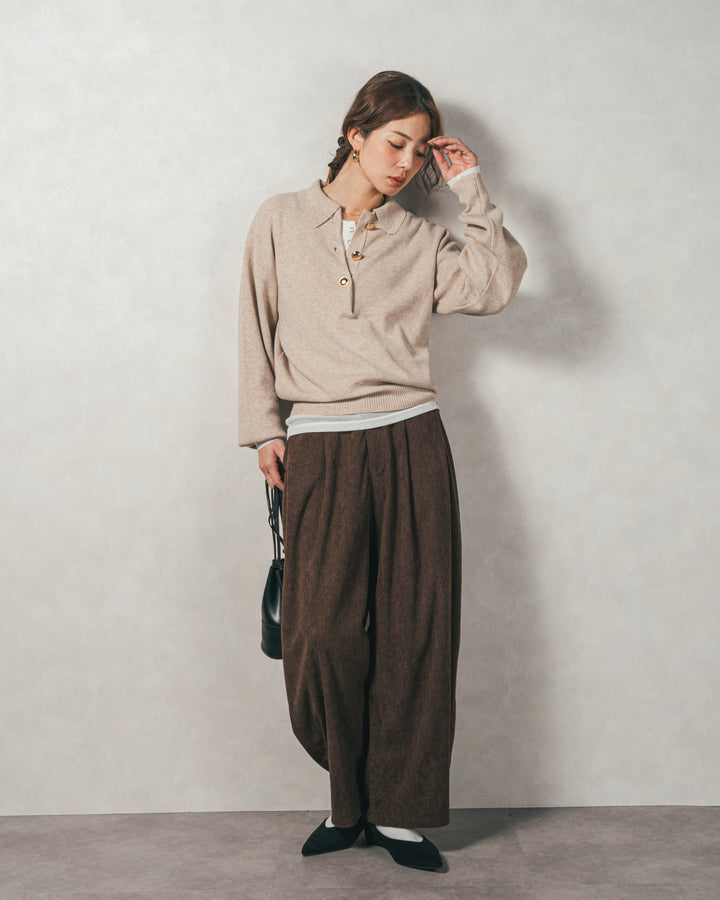 ［SET］ボタンデザインポロニット+サイドタックコクーンコーデュロイパンツ（2SET）