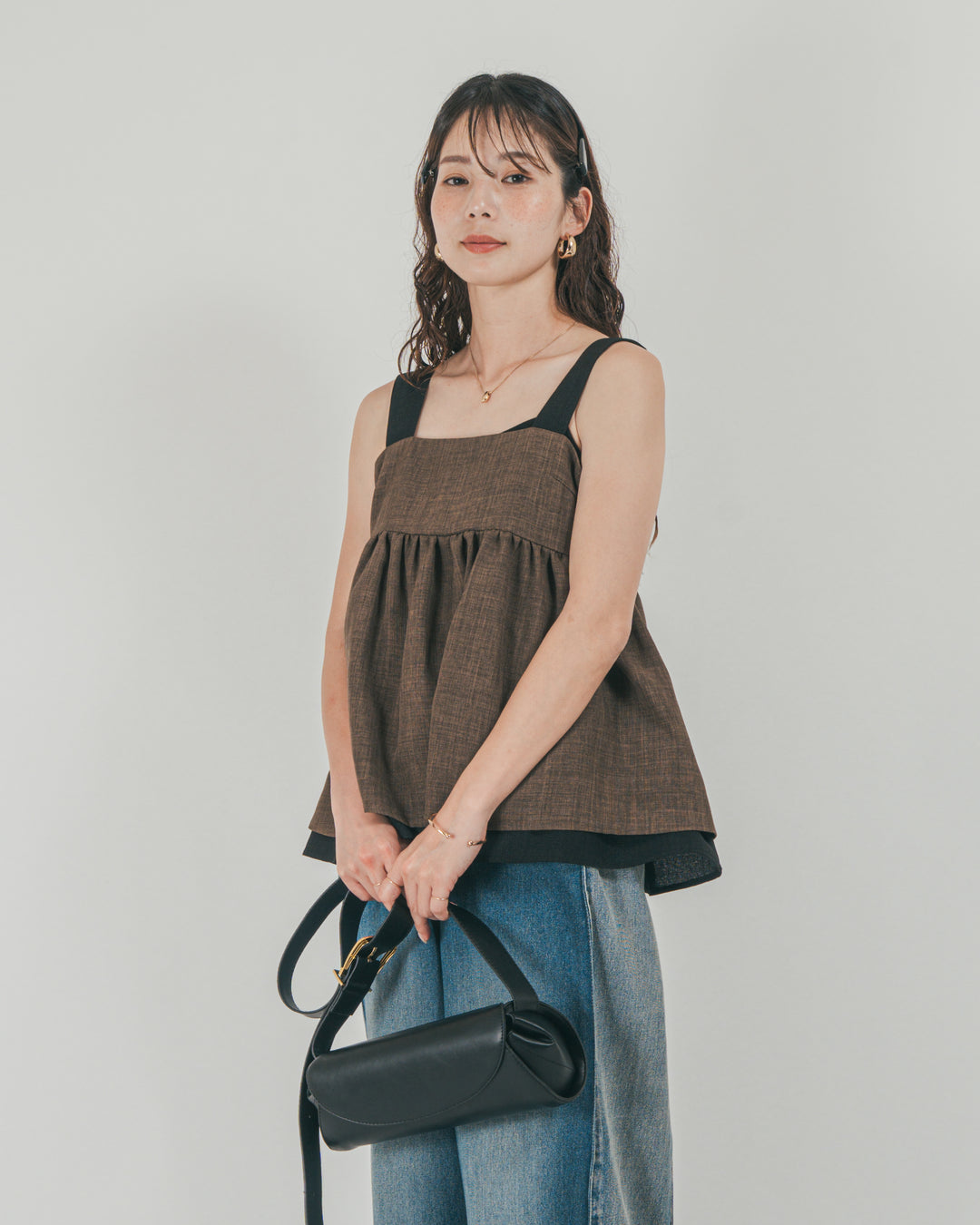 ［SET］スラブTweedバイカラーティアードキャミ + 10oz サイドタック リラックスデニムパンツ（2SET）