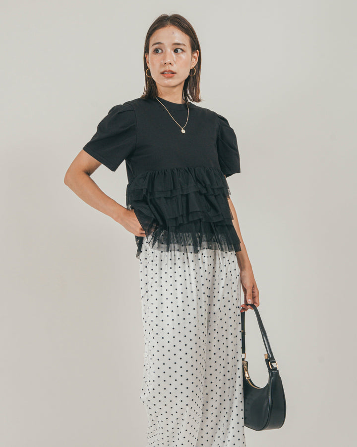［SET］チュールフリル ペプラムTシャツ + ドットサテンパンツ（2SET）