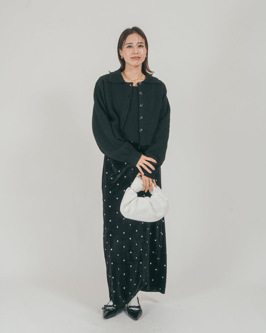 ［SET］Cloudyメランジ襟付きカーディガン + Cloudyメランジクロップドベスト + Dot ベロアスカート（3SET）