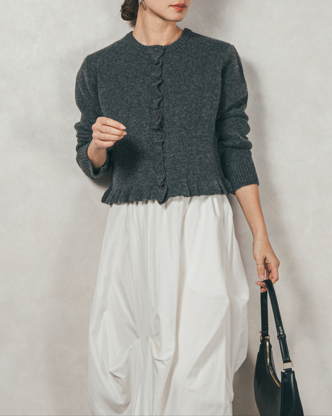 ［SET］フロントフリルメランジニットカーデ+ヴィンテージブロードランダムタックスカート（2SET）