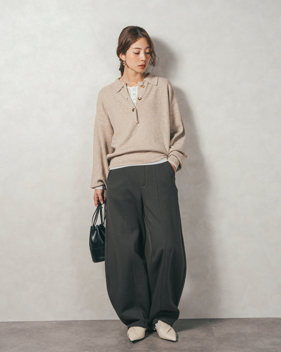 ［SET］ボタンデザインポロニット+Relax カーブパンツ（2SET）