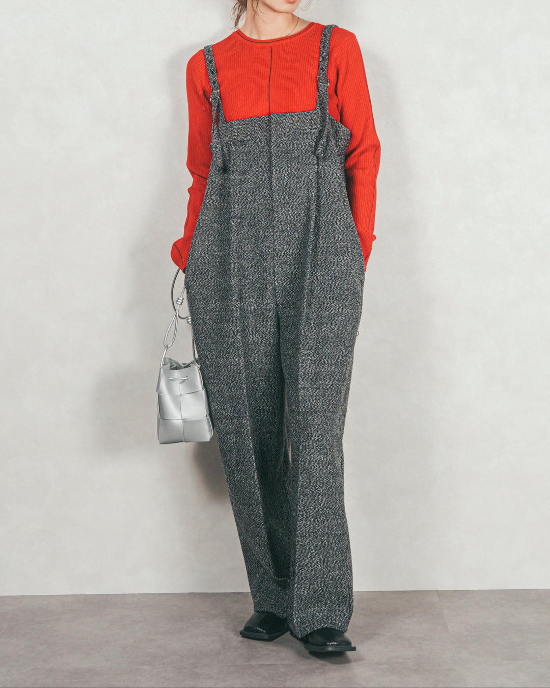 ［SET］Line Rib クルーネックニット+Tweedベロアサロペット（2SET）