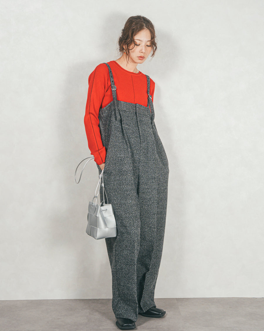 ［SET］Line Rib クルーネックニット+Tweedベロアサロペット（2SET）