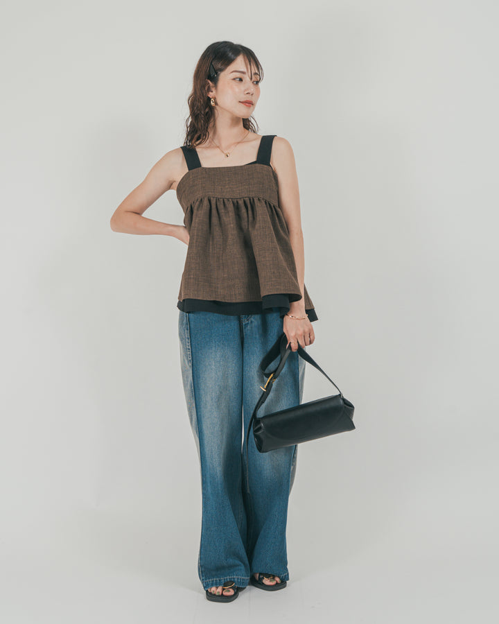 ［SET］スラブTweedバイカラーティアードキャミ + 10oz サイドタック リラックスデニムパンツ（2SET）