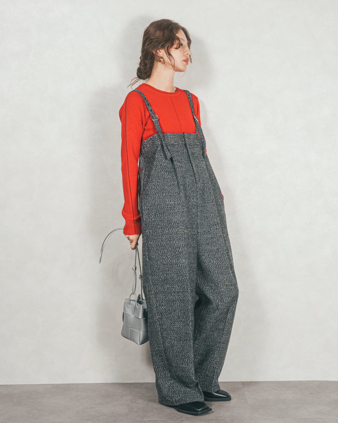 ［SET］Line Rib クルーネックニット+Tweedベロアサロペット（2SET）