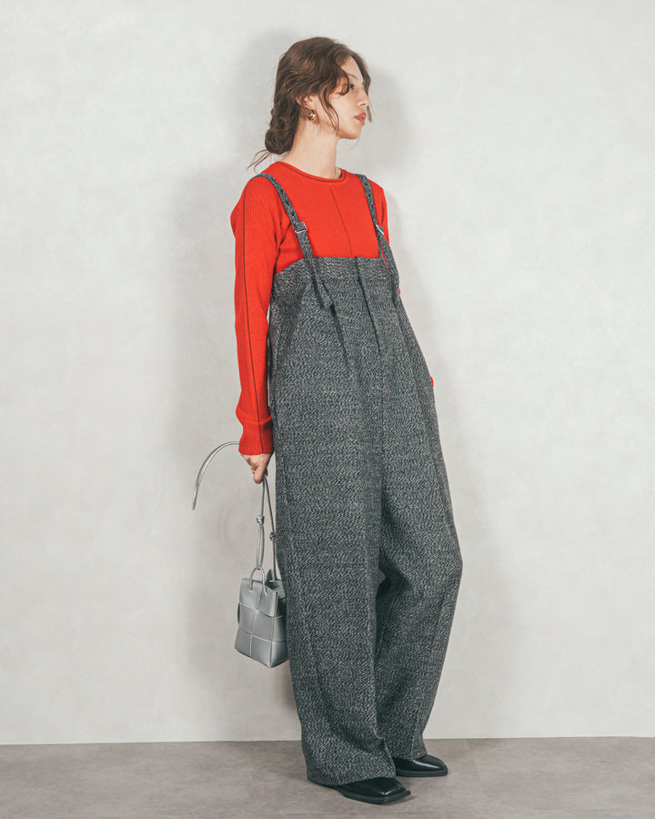 ［SET］Line Rib クルーネックニット+Tweedベロアサロペット（2SET）