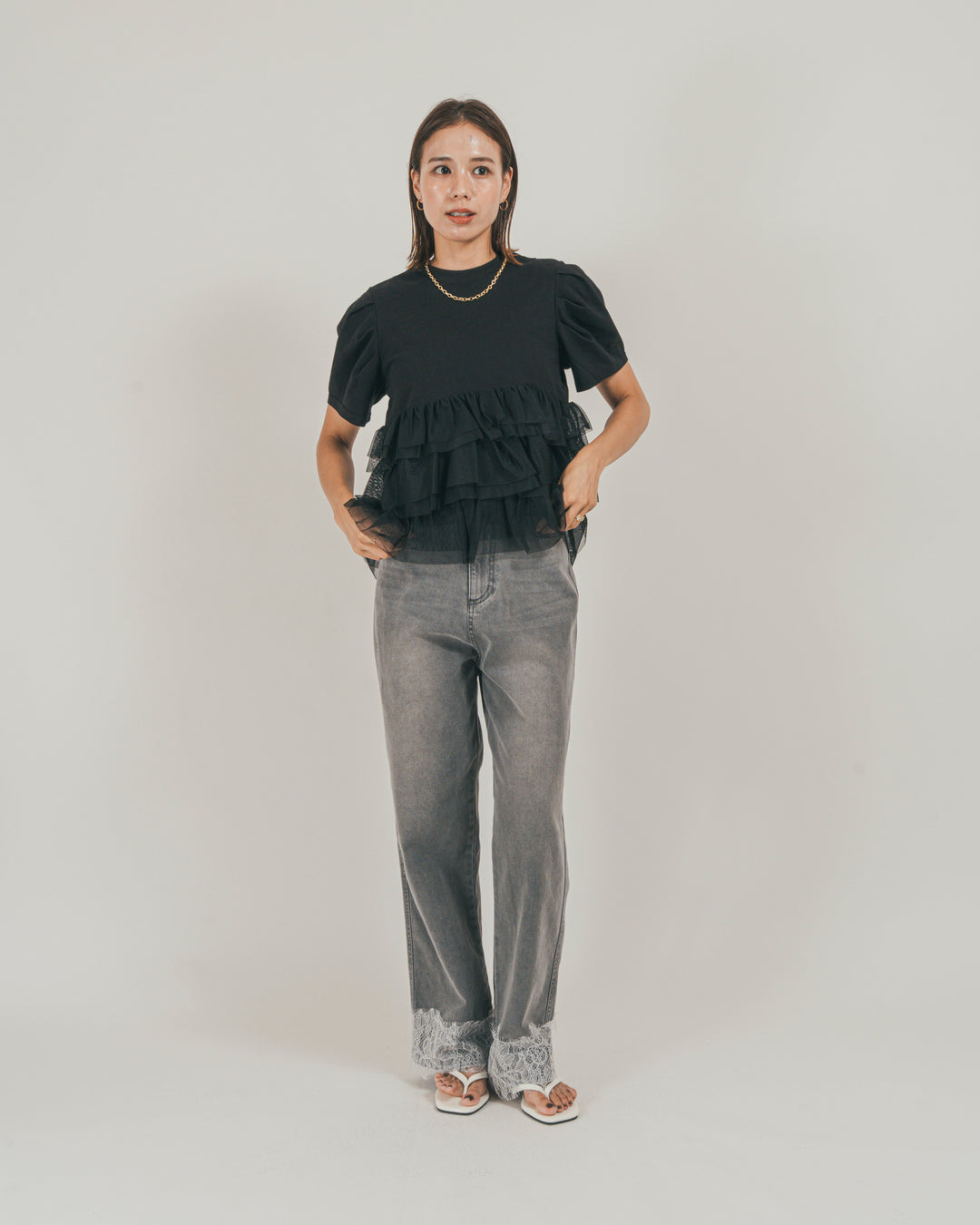 ［SET］チュールフリル ペプラムTシャツ + 接触冷感 10oz裾レースデニム（2SET）