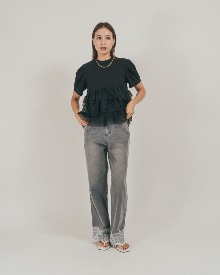 ［SET］チュールフリル ペプラムTシャツ + 接触冷感 10oz裾レースデニム（2SET）