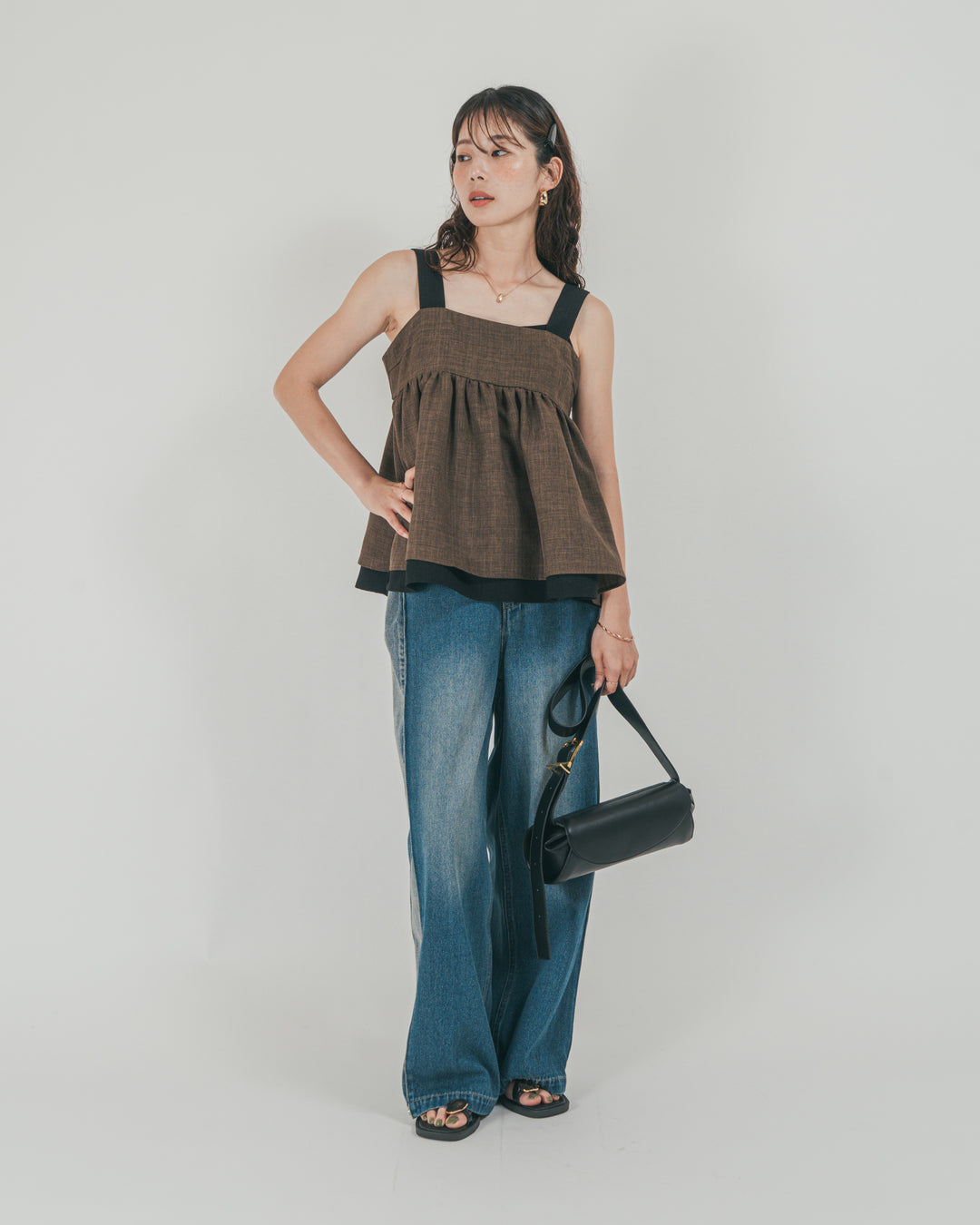 ［SET］スラブTweedバイカラーティアードキャミ + 10oz サイドタック リラックスデニムパンツ（2SET）